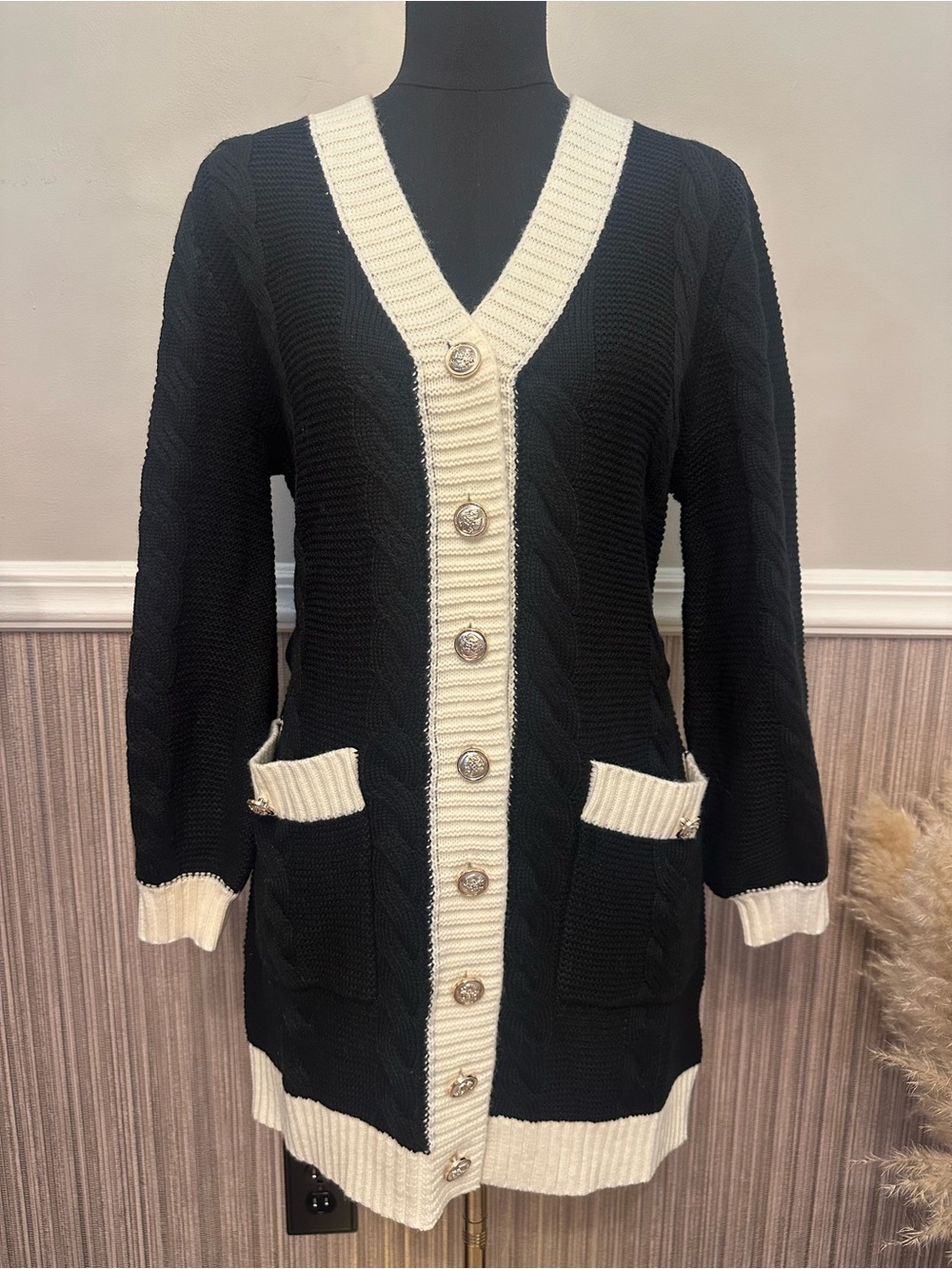 Fashion Nova Cardigan Sweater S Black Ivory Cable Knit Gold Button Longline